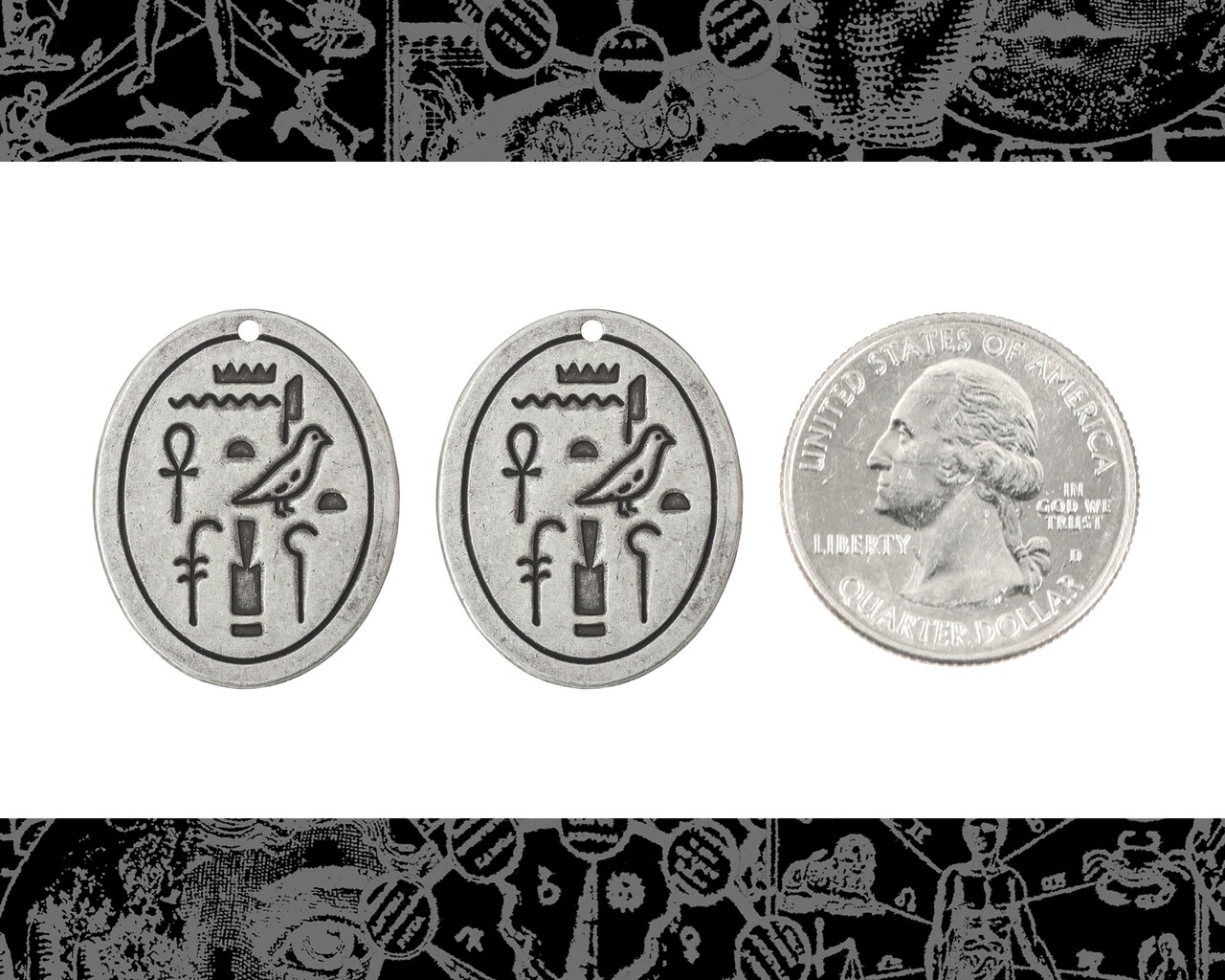 Antiqued Silver Plated Brass Egyptian Hieroglyph Pendants - Set of Two - S-P122